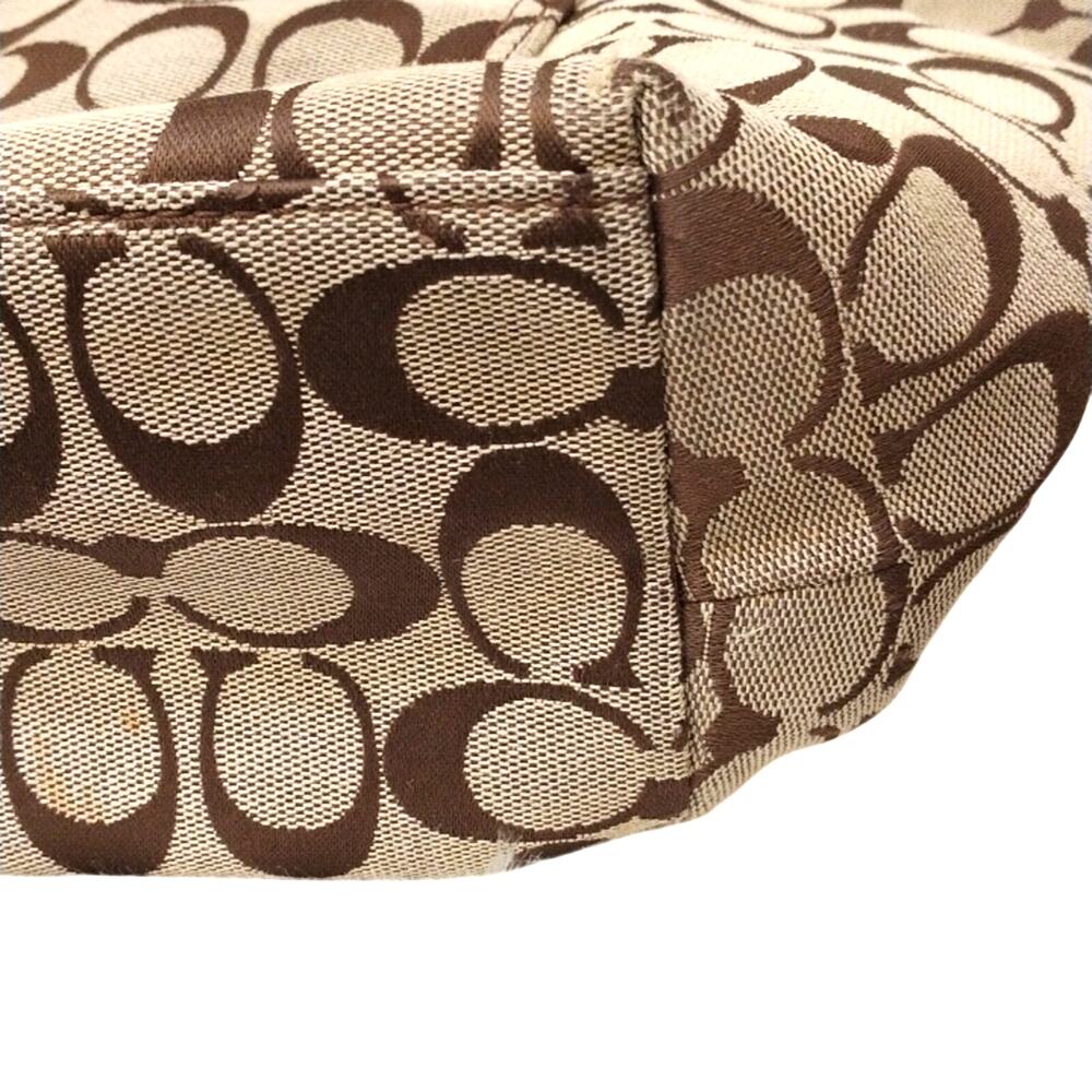 COACH Monogram Canvas Shoulder Bag Purse Large 16x9 GOLD Leather Flowers Handles - Picture 15 of 16